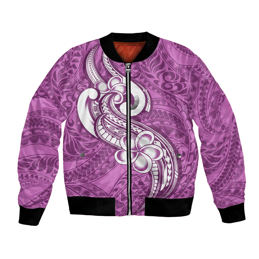 Polynesia Bomber Jacket Plumeria With Tribal Pattern Pink Pastel Vibes LT14 Unisex Pink - Polynesian Pride
