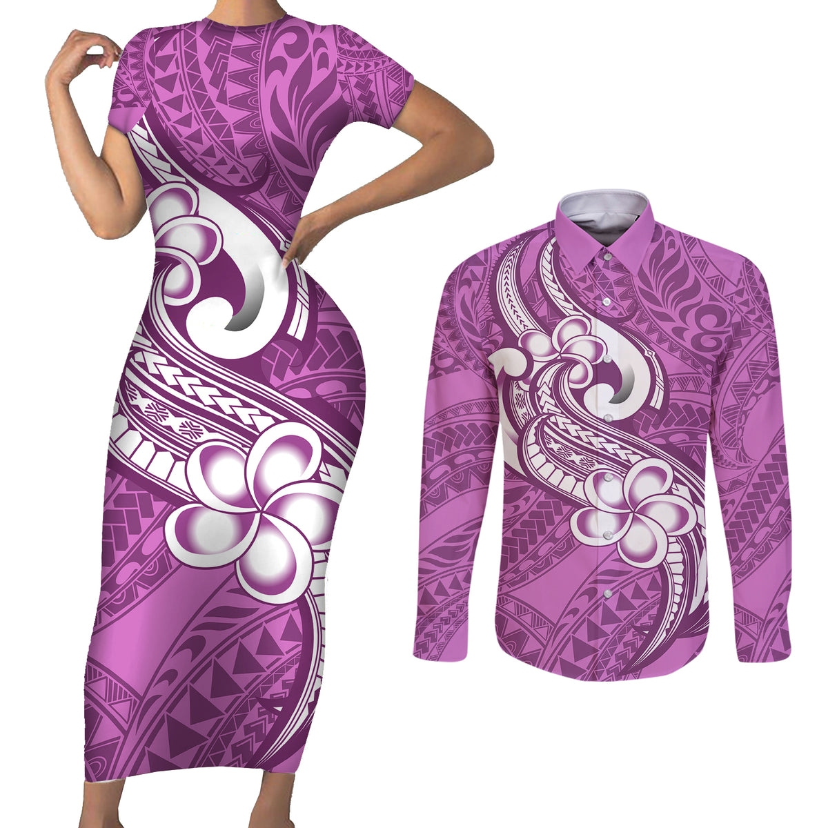 Polynesia Couples Matching Short Sleeve Bodycon Dress and Long Sleeve Button Shirts Plumeria With Tribal Pattern Pink Pastel Vibes LT14 Pink - Polynesian Pride