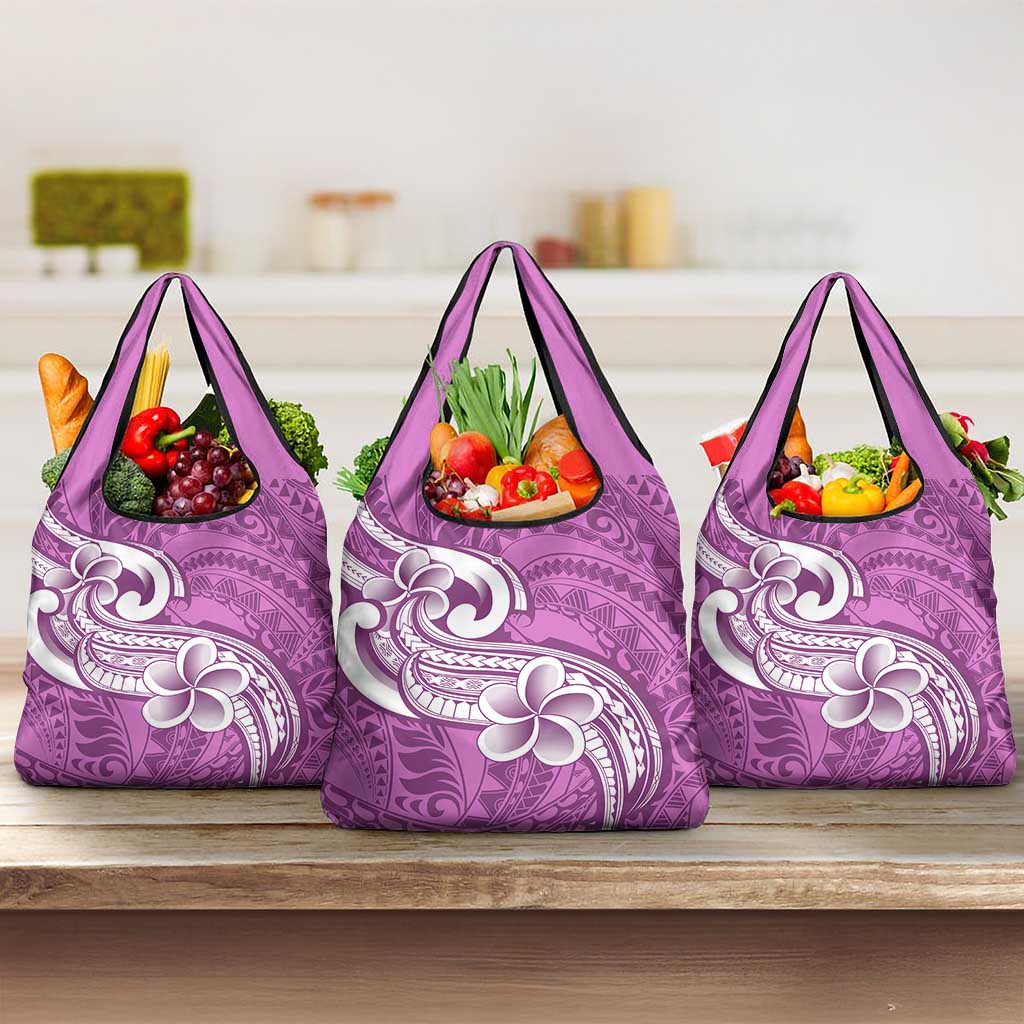 Polynesia Grocery Bag Plumeria With Tribal Pattern Pink Pastel
