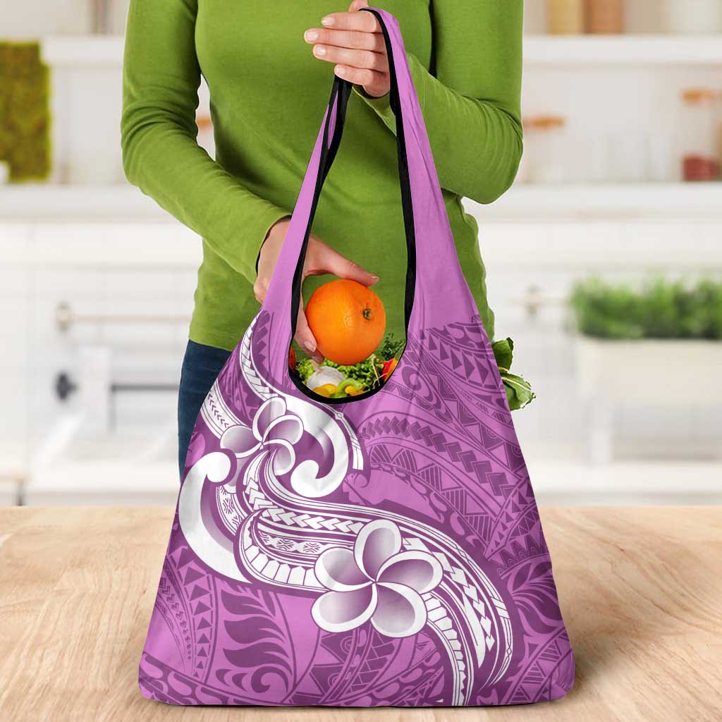 Polynesia Grocery Bag Plumeria With Tribal Pattern Pink Pastel