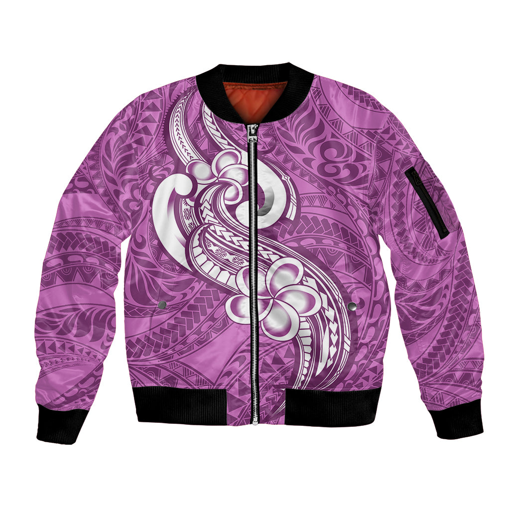 Polynesia Sleeve Zip Bomber Jacket Plumeria With Tribal Pattern Pink Pastel Vibes LT14 Unisex Pink - Polynesian Pride