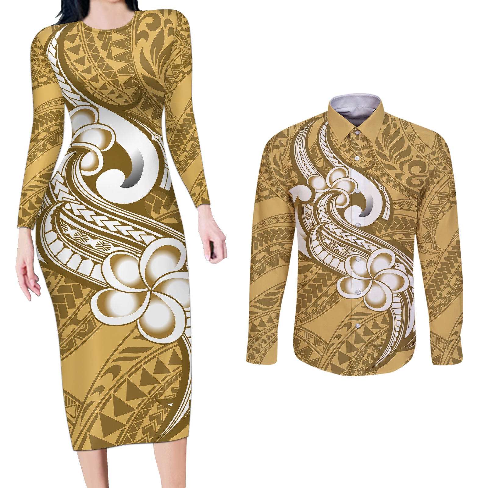 Polynesia Couples Matching Long Sleeve Bodycon Dress and Long Sleeve Button Shirts Plumeria With Tribal Pattern Yellow Pastel Vibes LT14 Yellow - Polynesian Pride