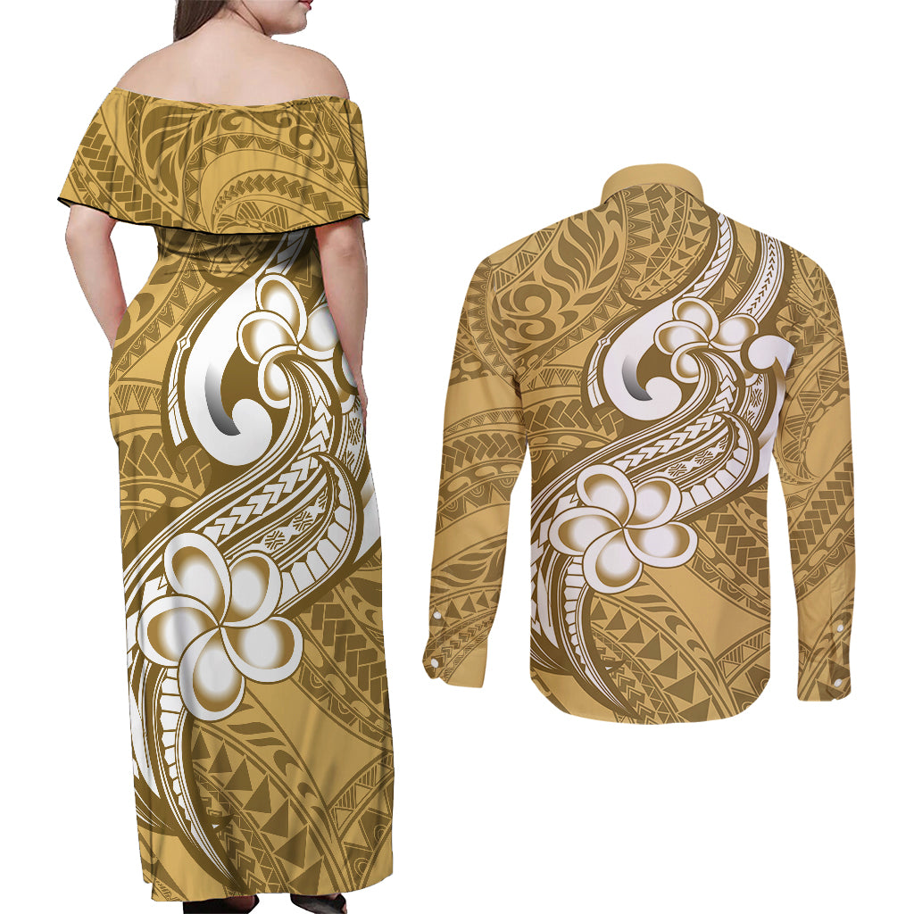 Polynesia Couples Matching Off Shoulder Maxi Dress and Long Sleeve Button Shirts Plumeria With Tribal Pattern Yellow Pastel Vibes LT14 - Polynesian Pride