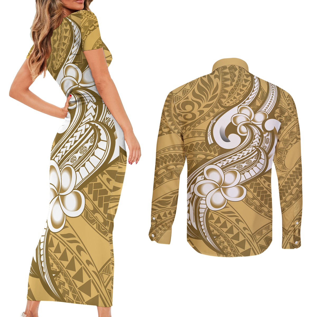 Polynesia Couples Matching Short Sleeve Bodycon Dress and Long Sleeve Button Shirts Plumeria With Tribal Pattern Yellow Pastel Vibes LT14 - Polynesian Pride