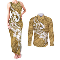 Polynesia Couples Matching Tank Maxi Dress and Long Sleeve Button Shirts Plumeria With Tribal Pattern Yellow Pastel Vibes LT14 Yellow - Polynesian Pride