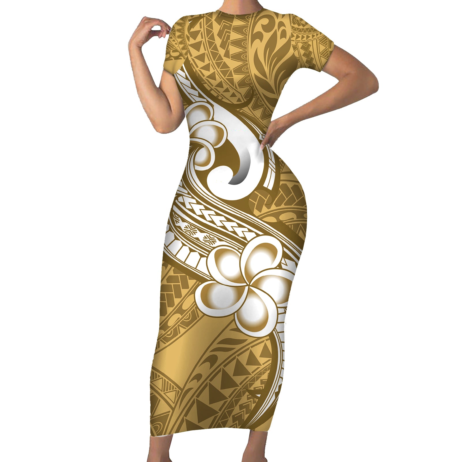 Polynesia Short Sleeve Bodycon Dress Plumeria With Tribal Pattern Yellow Pastel Vibes LT14 Long Dress Yellow - Polynesian Pride