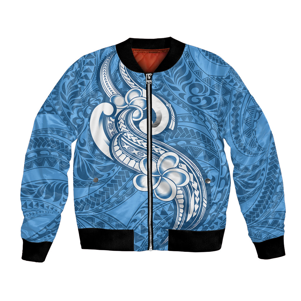 Polynesia Bomber Jacket Plumeria With Tribal Pattern Blue Pastel Vibes LT14 Unisex Blue - Polynesian Pride