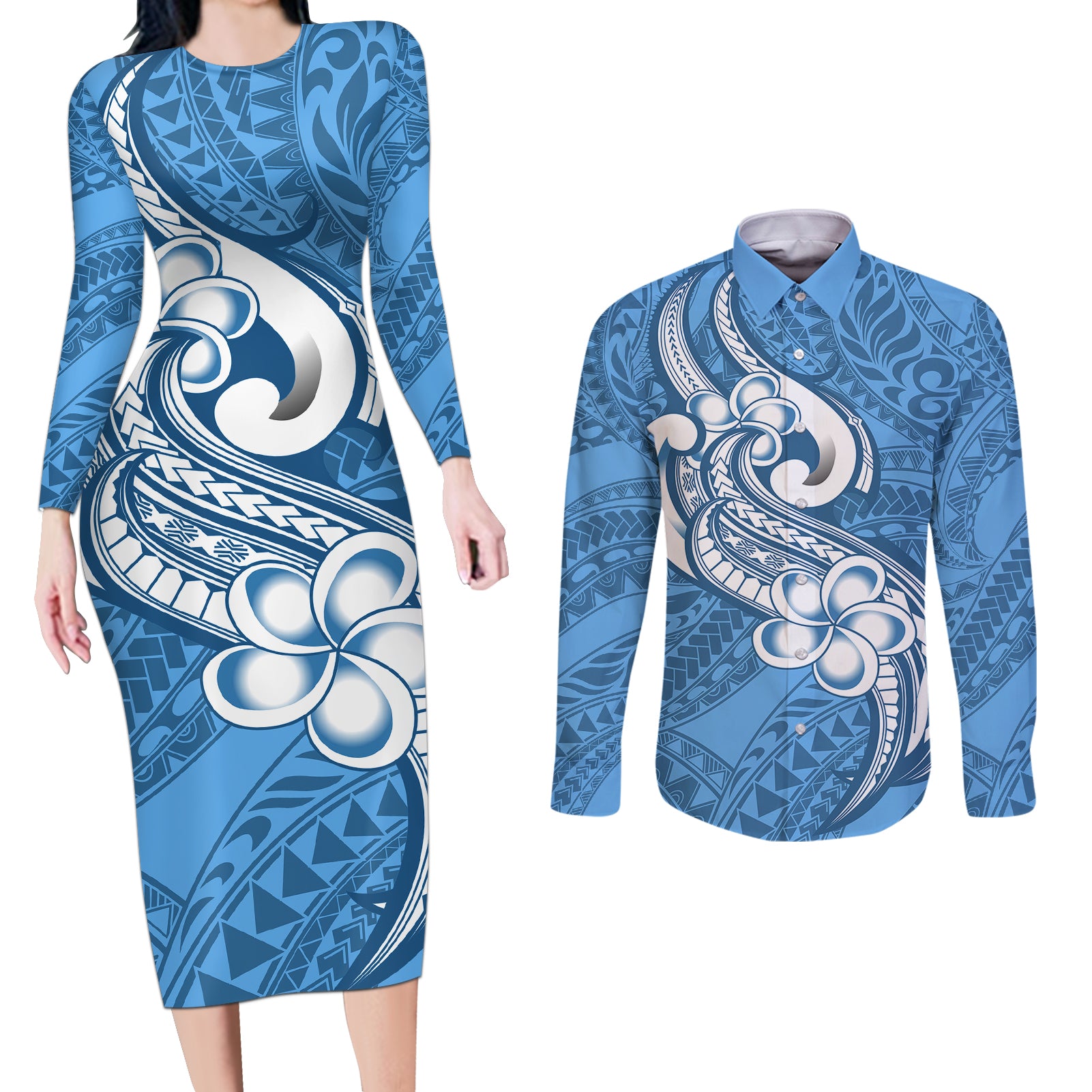 Polynesia Couples Matching Long Sleeve Bodycon Dress and Long Sleeve Button Shirts Plumeria With Tribal Pattern Blue Pastel Vibes LT14 Blue - Polynesian Pride