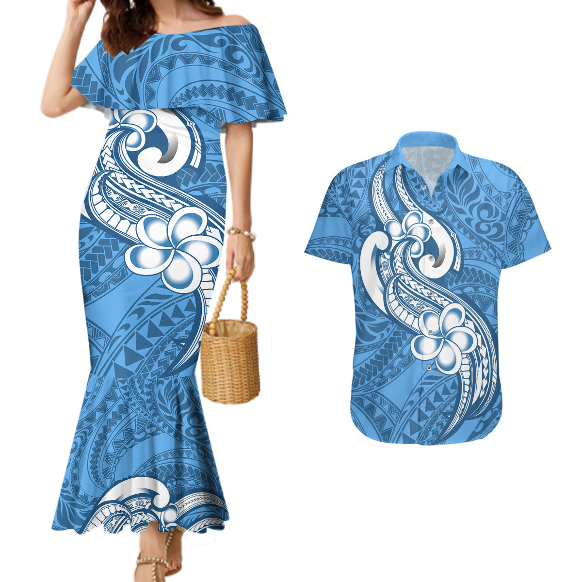 Polynesia Couples Matching Mermaid Dress and Hawaiian Shirt Plumeria With Tribal Pattern Blue Pastel Vibes LT14 Blue - Polynesian Pride