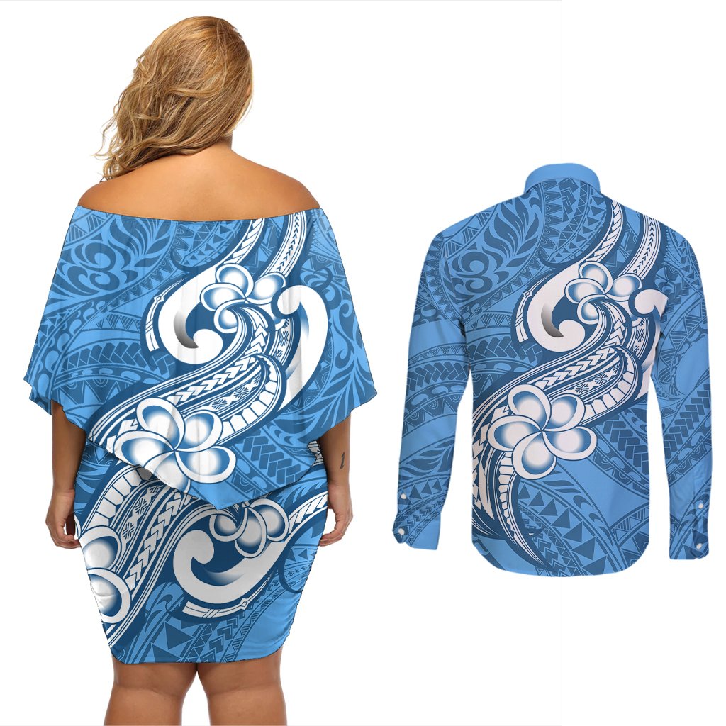 Polynesia Couples Matching Off Shoulder Short Dress and Long Sleeve Button Shirts Plumeria With Tribal Pattern Blue Pastel Vibes LT14 - Polynesian Pride
