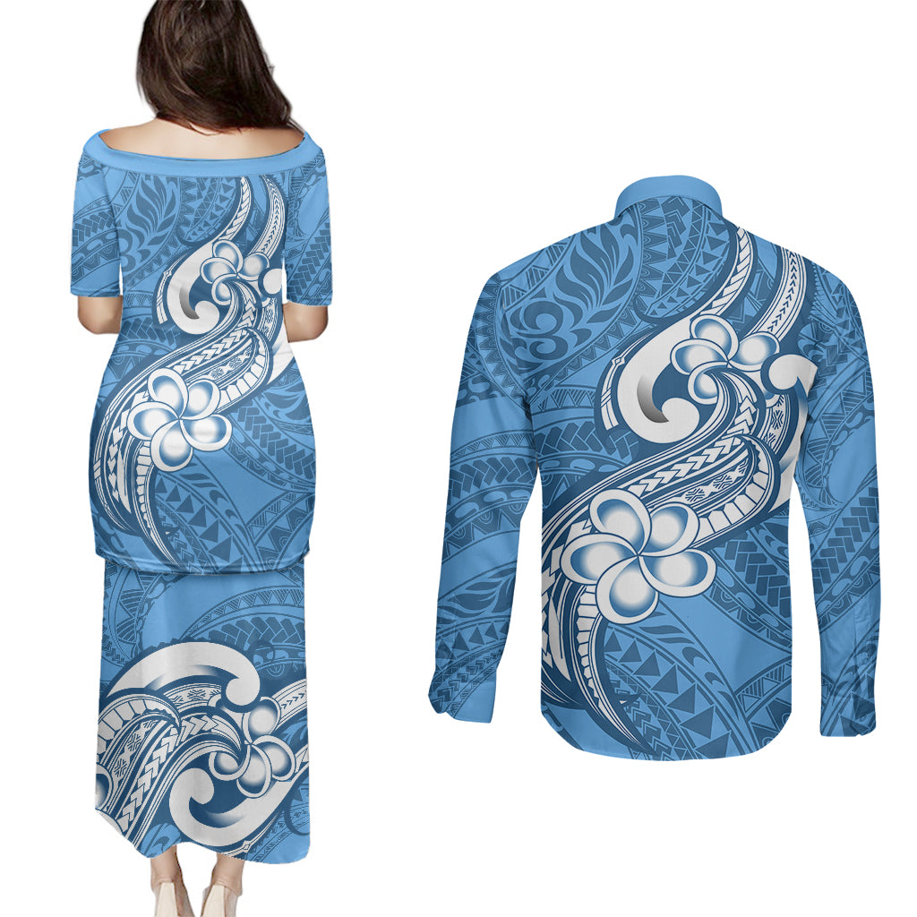 Polynesia Couples Matching Puletasi Dress and Long Sleeve Button Shirts Plumeria With Tribal Pattern Blue Pastel Vibes LT14 - Polynesian Pride