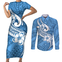 Polynesia Couples Matching Short Sleeve Bodycon Dress and Long Sleeve Button Shirts Plumeria With Tribal Pattern Blue Pastel Vibes LT14 Blue - Polynesian Pride