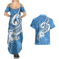Polynesia Couples Matching Summer Maxi Dress and Hawaiian Shirt Plumeria With Tribal Pattern Blue Pastel Vibes LT14 - Polynesian Pride