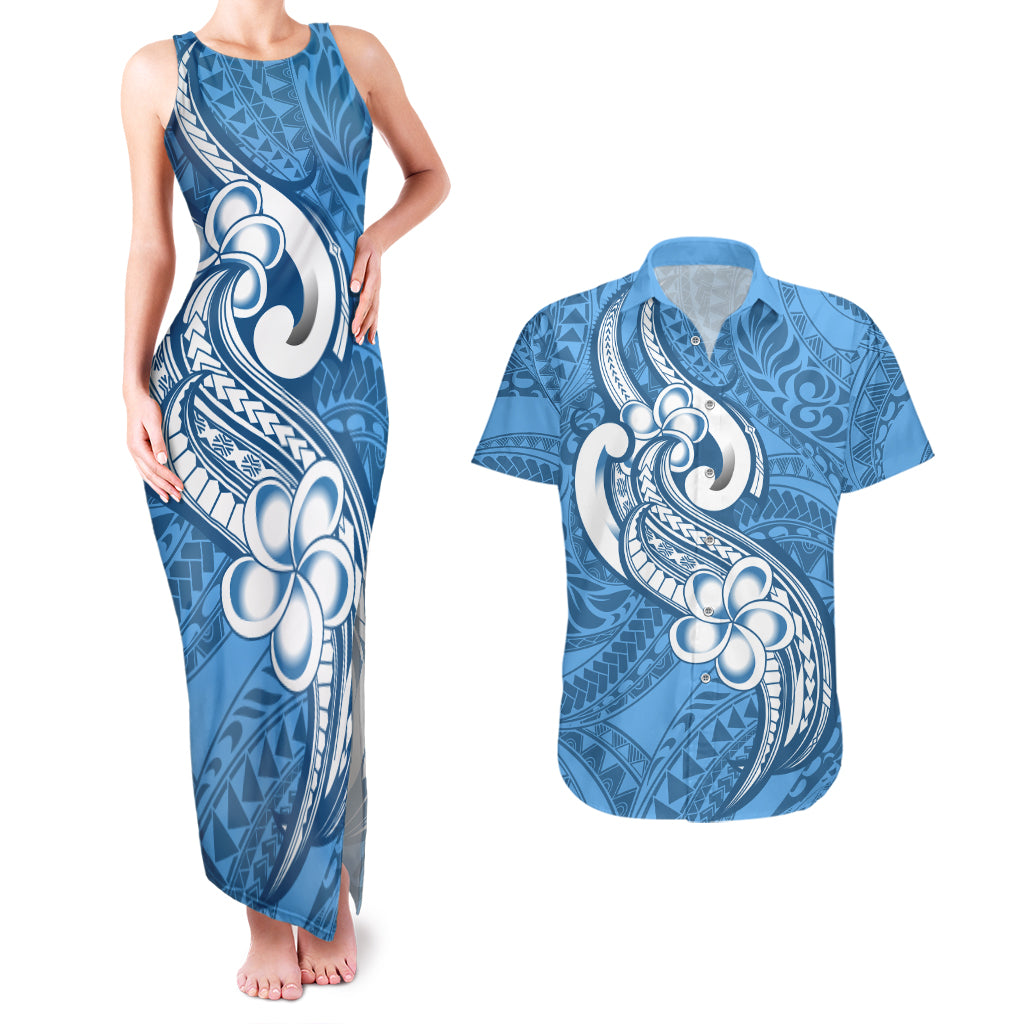 Polynesia Couples Matching Tank Maxi Dress and Hawaiian Shirt Plumeria With Tribal Pattern Blue Pastel Vibes LT14 Blue - Polynesian Pride