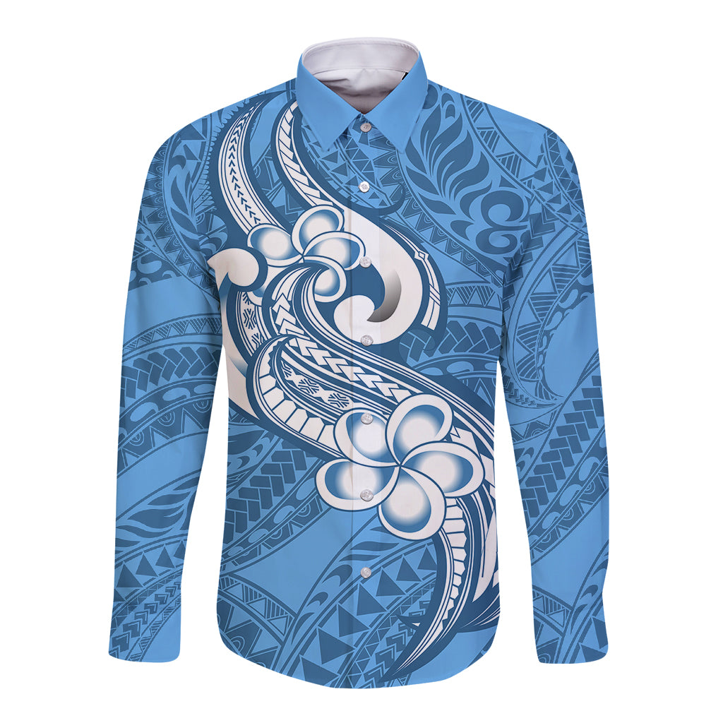 Polynesia Long Sleeve Button Shirt Plumeria With Tribal Pattern Blue Pastel Vibes LT14 Unisex Blue - Polynesian Pride