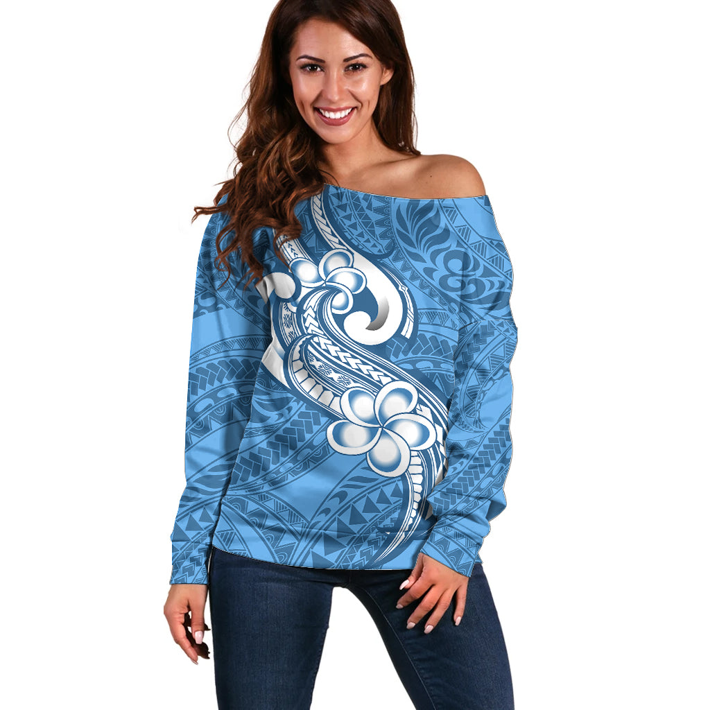 Polynesia Off Shoulder Sweater Plumeria With Tribal Pattern Blue Pastel Vibes LT14 Women Blue - Polynesian Pride