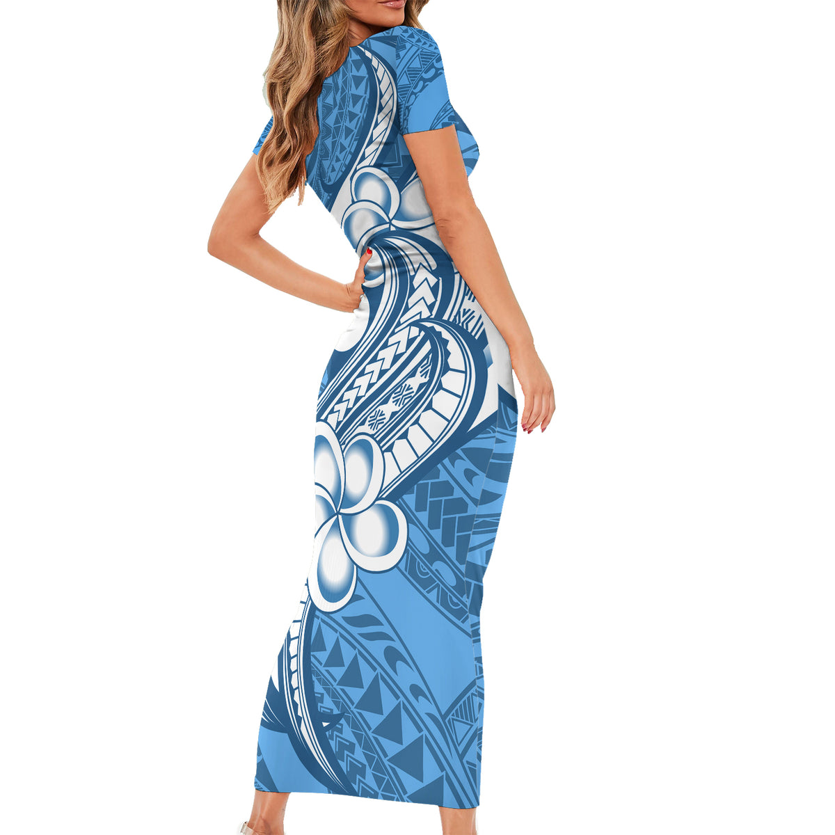 Polynesia Short Sleeve Bodycon Dress Plumeria With Tribal Pattern Blue Pastel Vibes LT14 - Polynesian Pride
