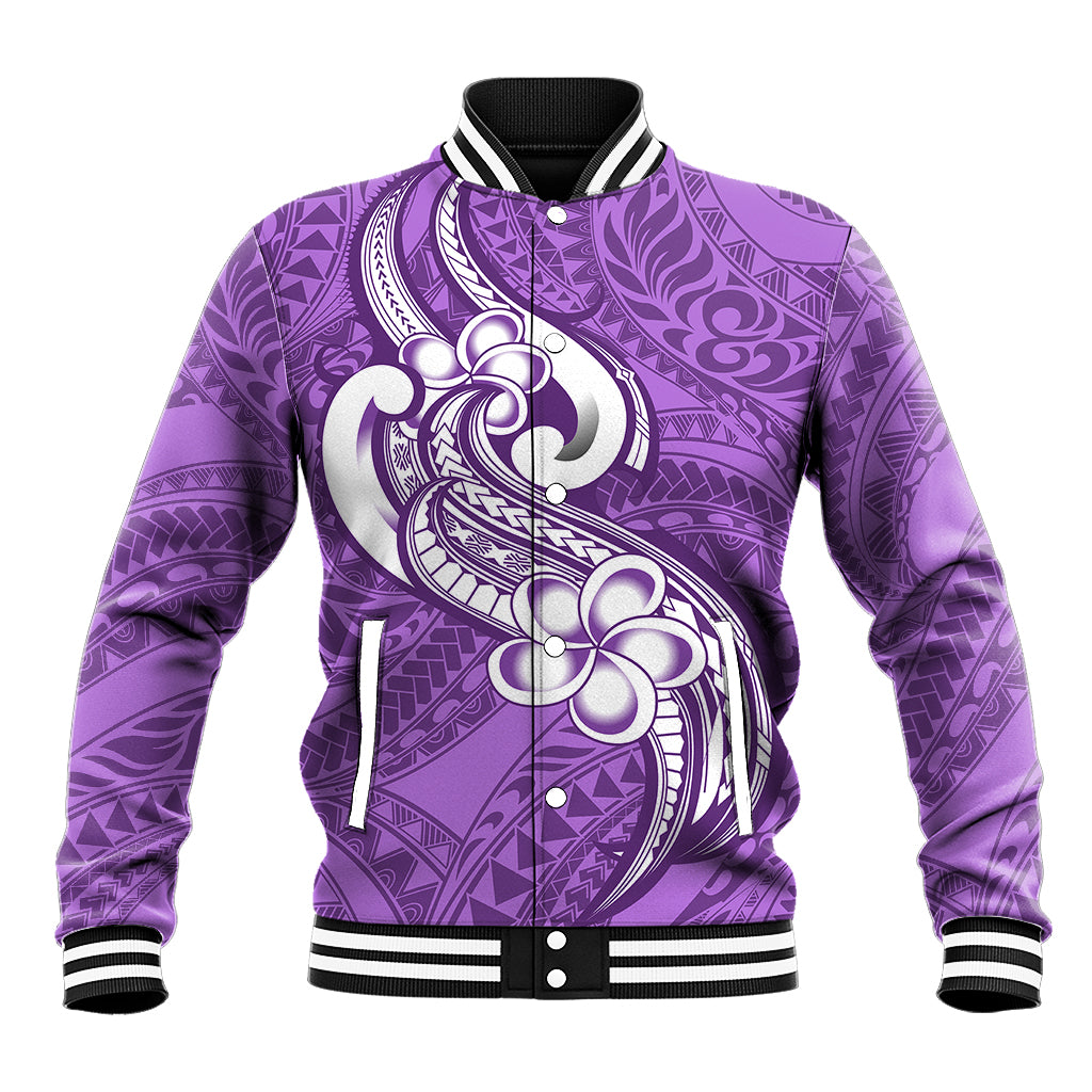 Polynesia Baseball Jacket Plumeria With Tribal Pattern Purple Pastel Vibes LT14 Unisex Purple - Polynesian Pride