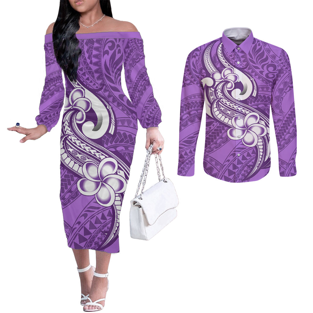Polynesia Couples Matching Off The Shoulder Long Sleeve Dress and Long Sleeve Button Shirts Plumeria With Tribal Pattern Purple Pastel Vibes LT14 Purple - Polynesian Pride