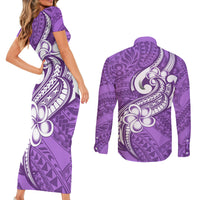 Polynesia Couples Matching Short Sleeve Bodycon Dress and Long Sleeve Button Shirts Plumeria With Tribal Pattern Purple Pastel Vibes LT14 - Polynesian Pride