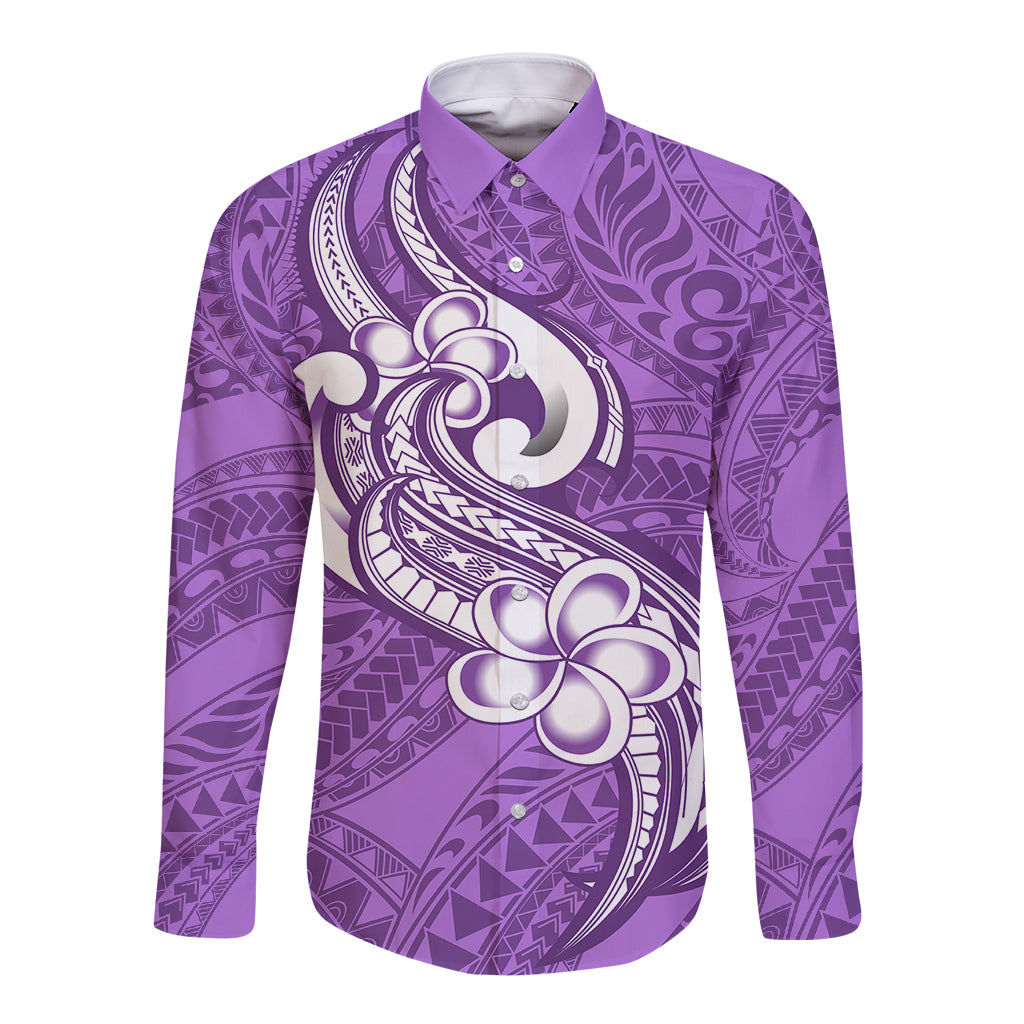 Polynesia Long Sleeve Button Shirt Plumeria With Tribal Pattern Purple Pastel Vibes LT14 Unisex Purple - Polynesian Pride