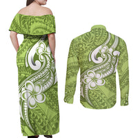 Polynesia Couples Matching Off Shoulder Maxi Dress and Long Sleeve Button Shirts Plumeria With Tribal Pattern Green Pastel Vibes LT14 - Polynesian Pride