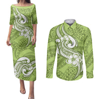 Polynesia Couples Matching Puletasi Dress and Long Sleeve Button Shirts Plumeria With Tribal Pattern Green Pastel Vibes LT14 Green - Polynesian Pride