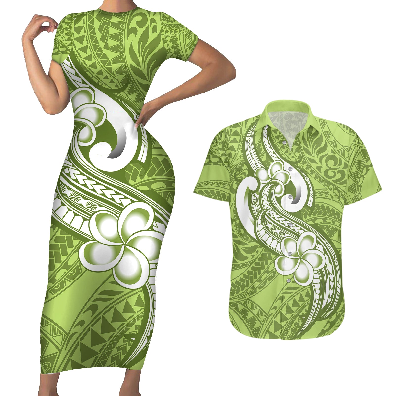 Polynesia Couples Matching Short Sleeve Bodycon Dress and Hawaiian Shirt Plumeria With Tribal Pattern Green Pastel Vibes LT14 Green - Polynesian Pride