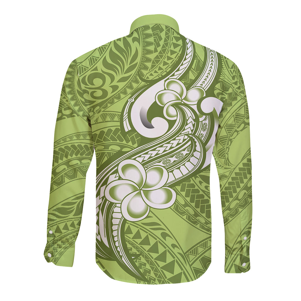 Polynesia Long Sleeve Button Shirt Plumeria With Tribal Pattern Green Pastel Vibes LT14 - Polynesian Pride