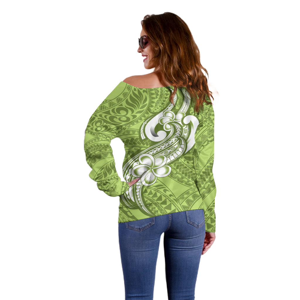 Polynesia Off Shoulder Sweater Plumeria With Tribal Pattern Green Pastel Vibes LT14 - Polynesian Pride
