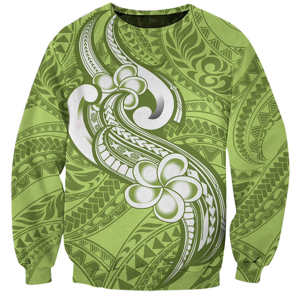 Polynesia Sweatshirt Plumeria With Tribal Pattern Green Pastel Vibes LT14 Unisex Green - Polynesian Pride