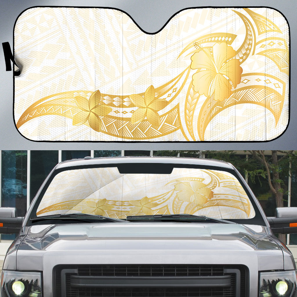 Polynesia White Sunday Auto Sun Shade Polynesian Tattoo Plumeria Hibiscus Gold LT14 White - Polynesian Pride