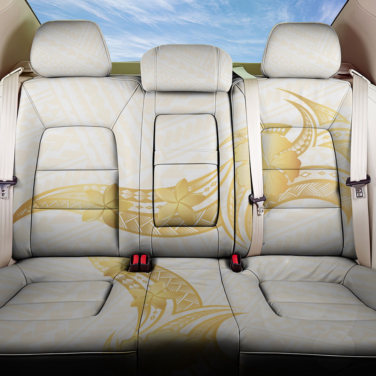 Polynesia White Sunday Back Car Seat Cover Polynesian Tattoo Plumeria Hibiscus Gold LT14 One Size White - Polynesian Pride