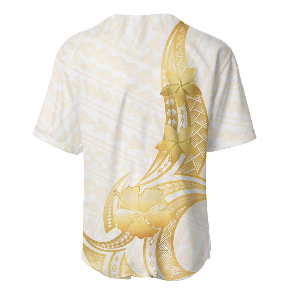 Polynesia White Sunday Baseball Jersey Polynesian Tattoo Plumeria Hibiscus Gold LT14 - Polynesian Pride