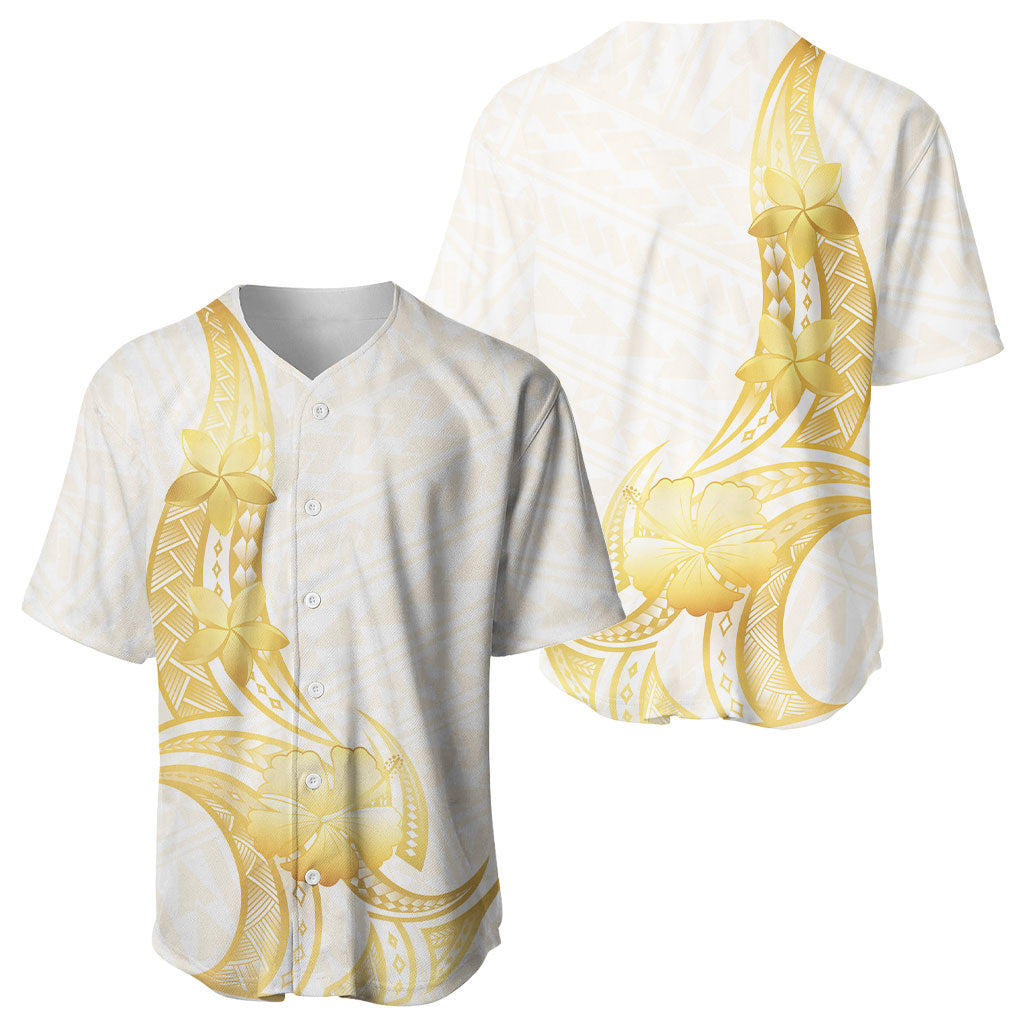 Polynesia White Sunday Baseball Jersey Polynesian Tattoo Plumeria Hibiscus Gold LT14 - Polynesian Pride