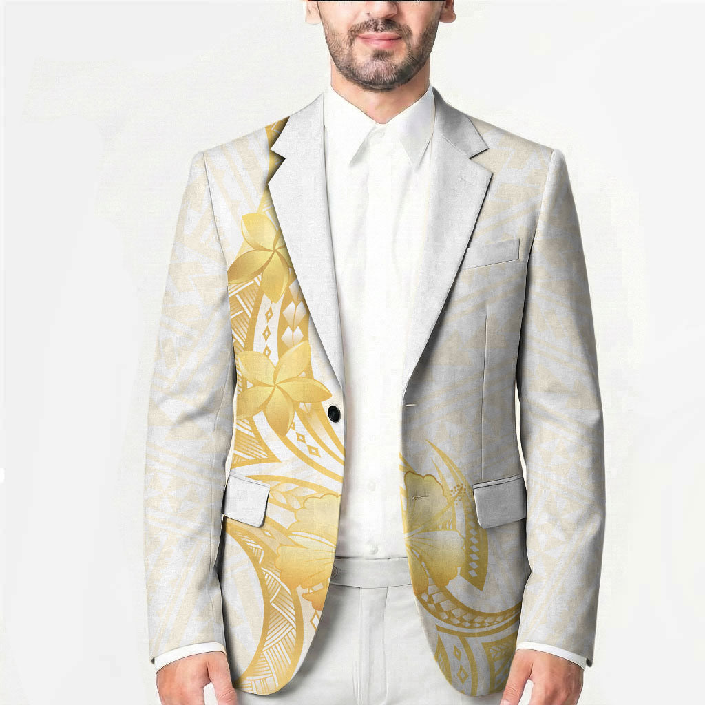 Polynesia White Sunday Blazer Polynesian Tattoo Plumeria Hibiscus Gold LT14 - Polynesian Pride