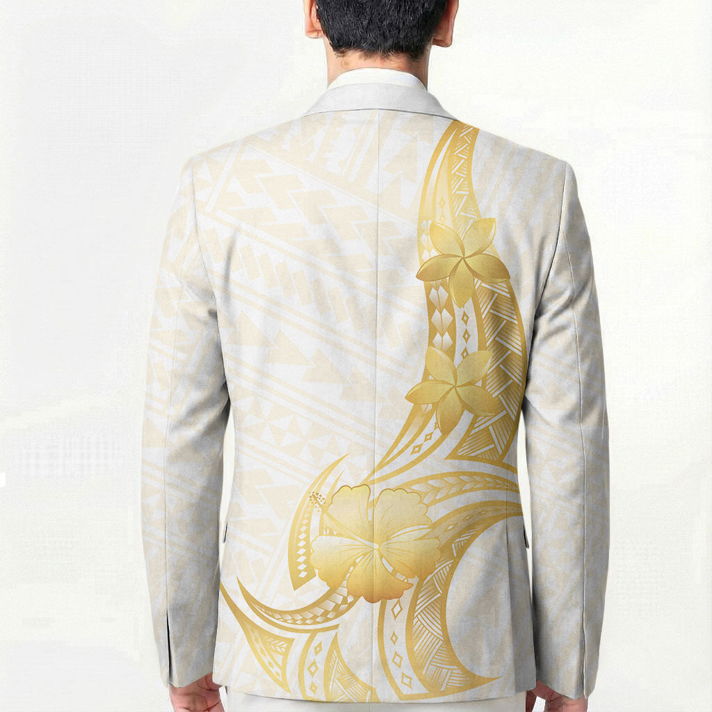 Polynesia White Sunday Blazer Polynesian Tattoo Plumeria Hibiscus Gold LT14 - Polynesian Pride