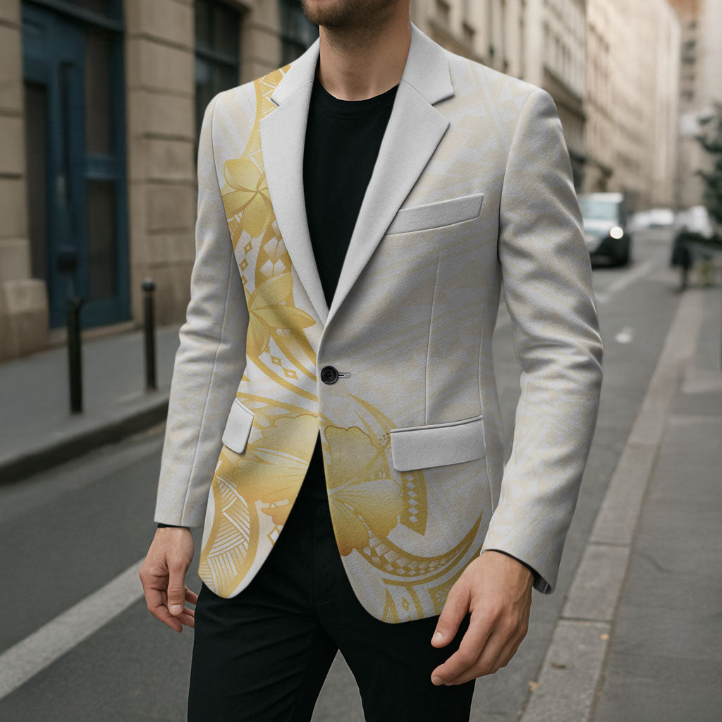 Polynesia White Sunday Blazer Polynesian Tattoo Plumeria Hibiscus Gold LT14 - Polynesian Pride