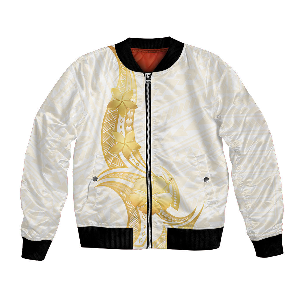 Polynesia White Sunday Bomber Jacket Polynesian Tattoo Plumeria Hibiscus Gold LT14 Unisex White - Polynesian Pride