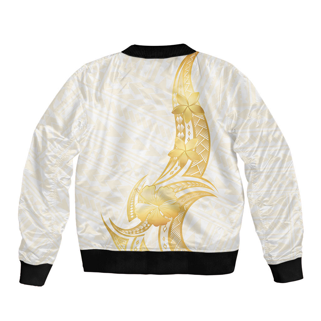 Polynesia White Sunday Bomber Jacket Polynesian Tattoo Plumeria Hibiscus Gold LT14 - Polynesian Pride