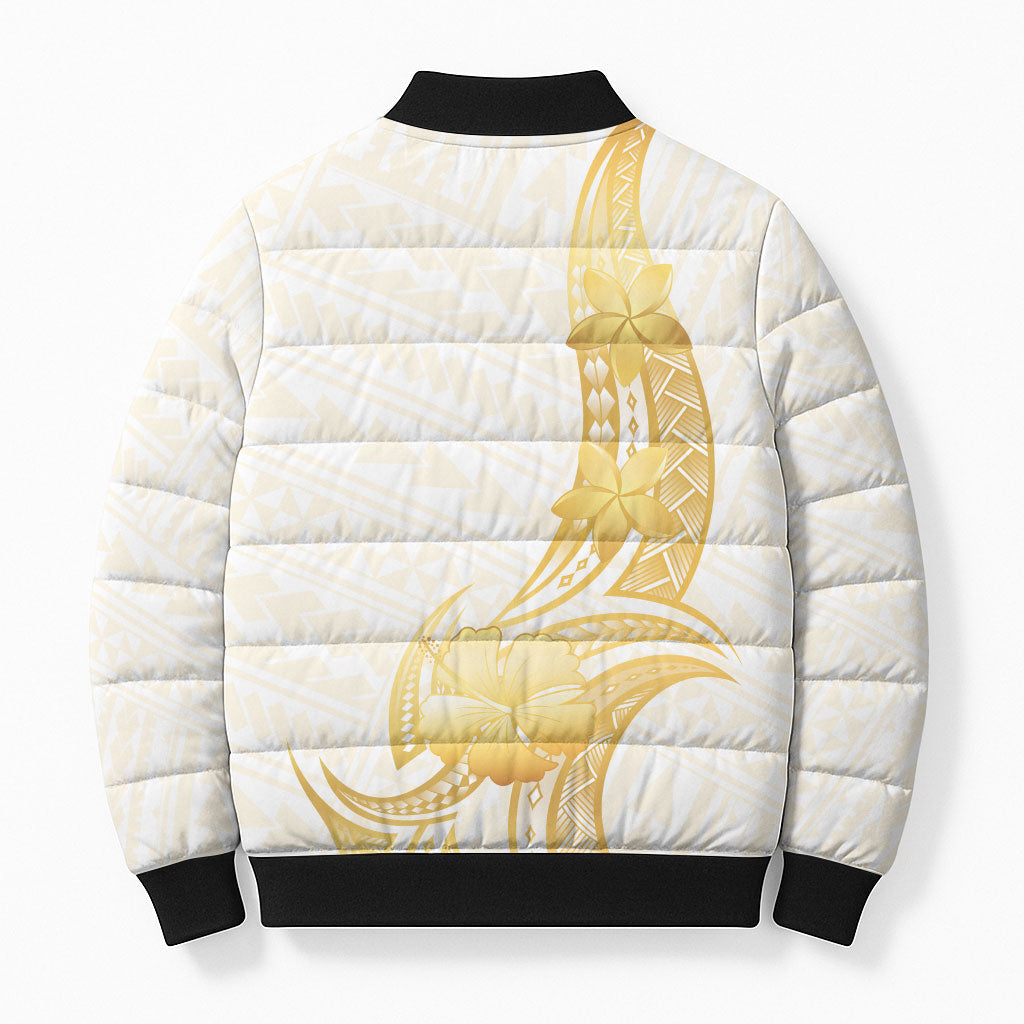 Polynesia White Sunday Bomber Puffer Jacket Polynesian Tattoo Plumeria Hibiscus Gold LT14 - Polynesian Pride