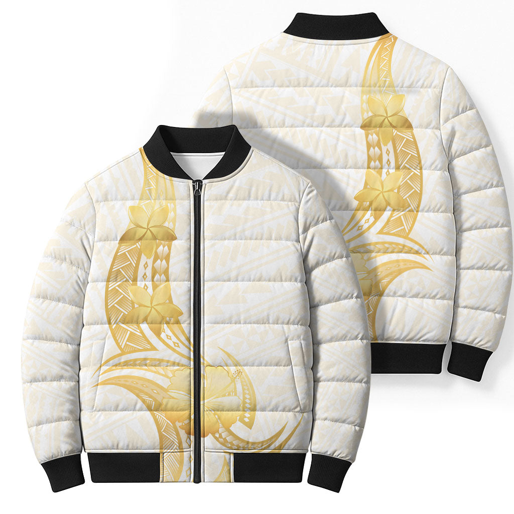 Polynesia White Sunday Bomber Puffer Jacket Polynesian Tattoo Plumeria Hibiscus Gold LT14 - Polynesian Pride