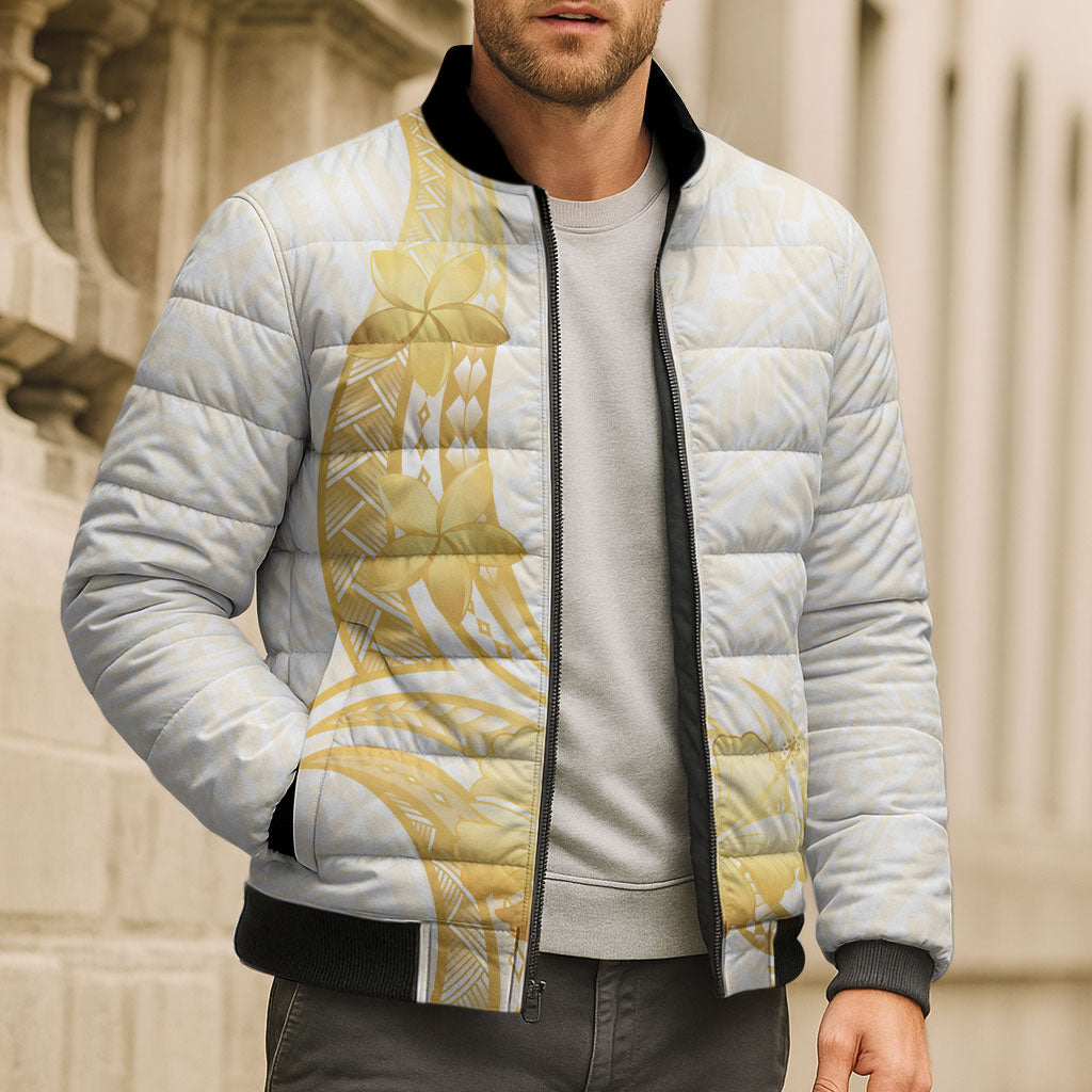 Polynesia White Sunday Bomber Puffer Jacket Polynesian Tattoo Plumeria Hibiscus Gold LT14 - Polynesian Pride