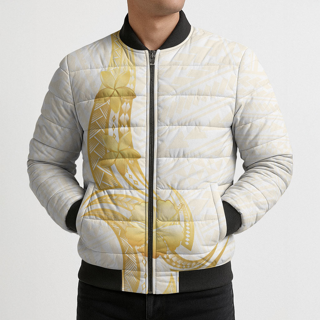 Polynesia White Sunday Bomber Puffer Jacket Polynesian Tattoo Plumeria Hibiscus Gold LT14 - Polynesian Pride
