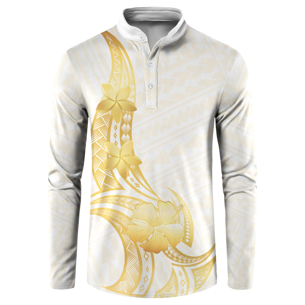 Polynesia White Sunday Button Sweatshirt Polynesian Tattoo Plumeria Hibiscus Gold LT14 White - Polynesian Pride