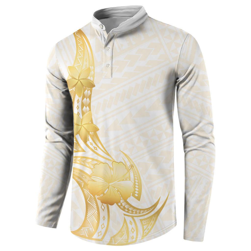 Polynesia White Sunday Button Sweatshirt Polynesian Tattoo Plumeria Hibiscus Gold LT14 - Polynesian Pride