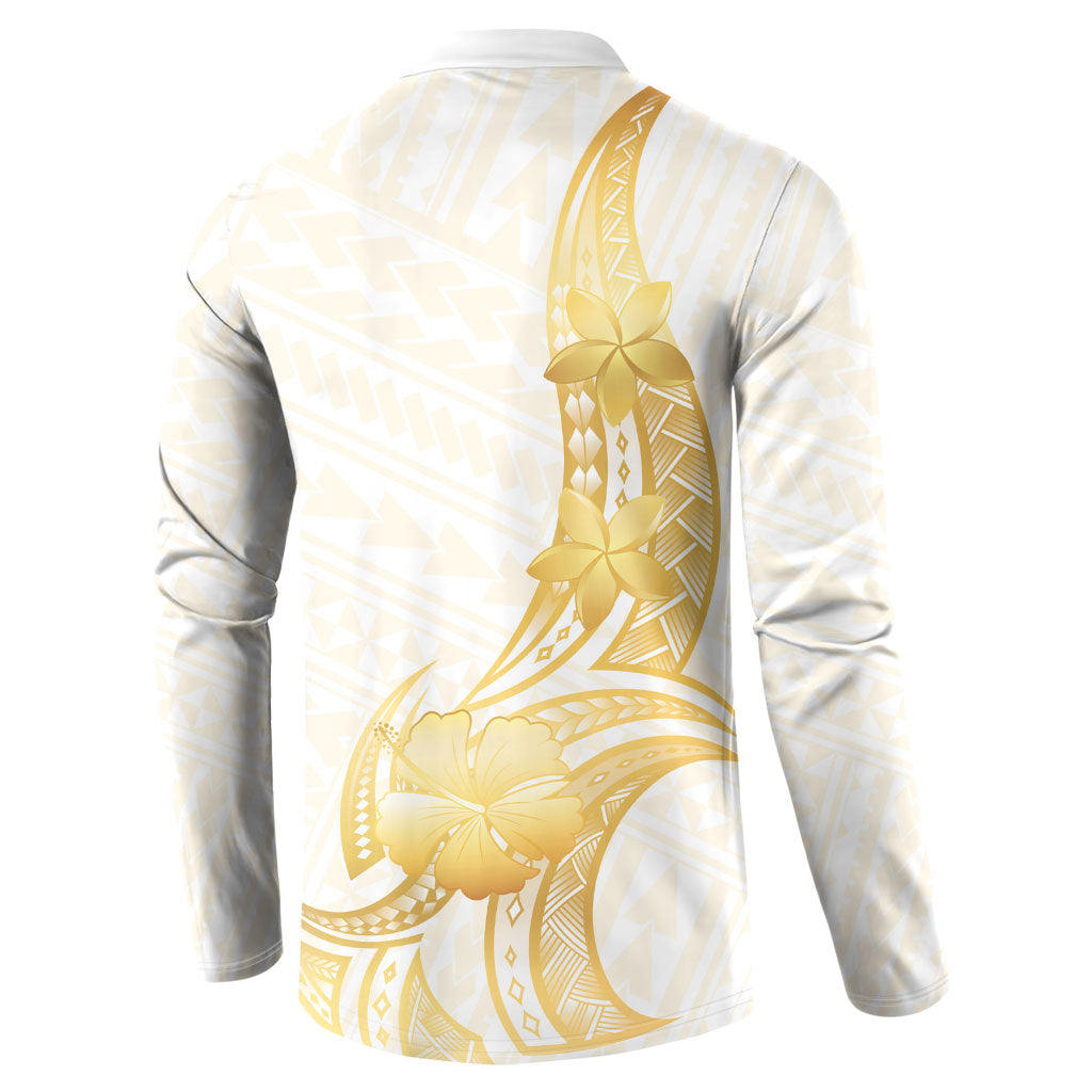 Polynesia White Sunday Button Sweatshirt Polynesian Tattoo Plumeria Hibiscus Gold LT14 - Polynesian Pride