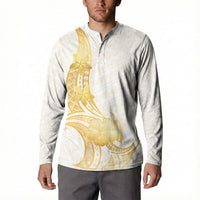 Polynesia White Sunday Button Sweatshirt Polynesian Tattoo Plumeria Hibiscus Gold LT14 - Polynesian Pride