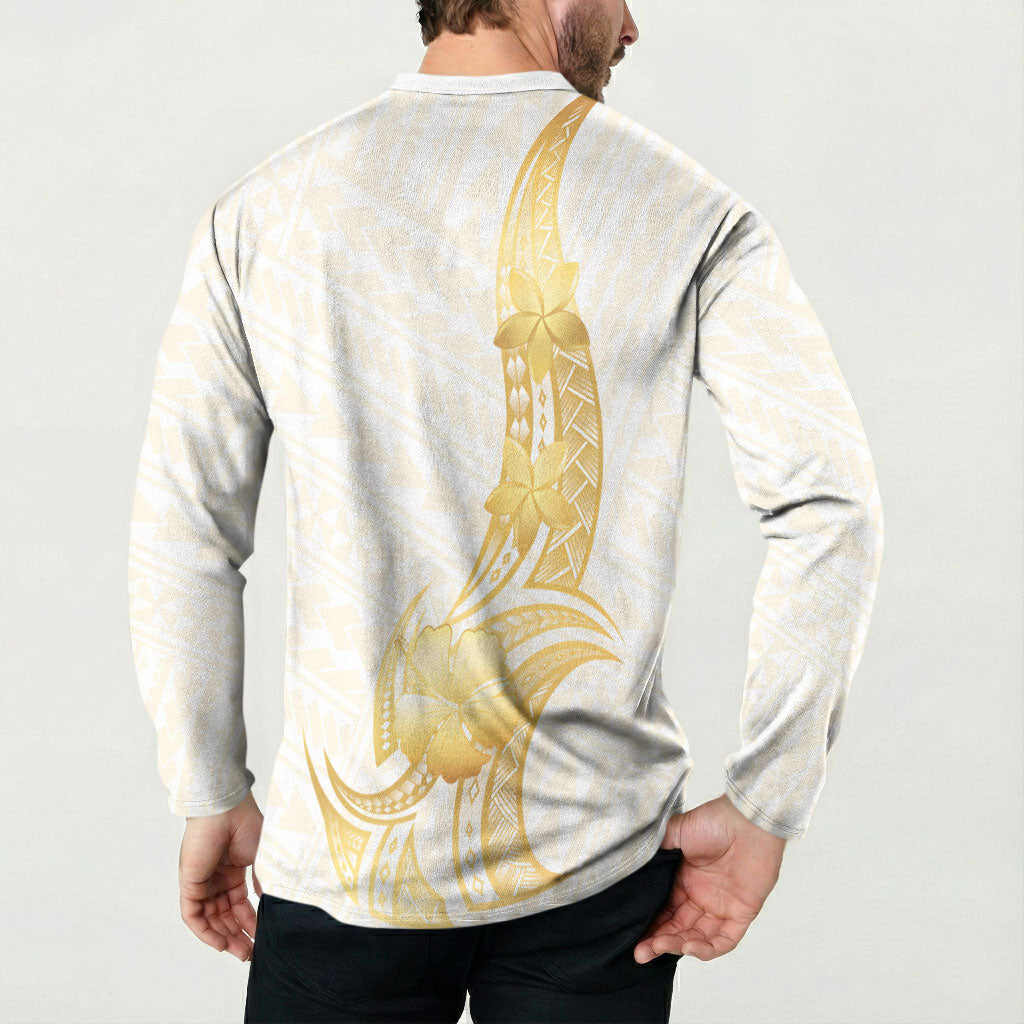 Polynesia White Sunday Button Sweatshirt Polynesian Tattoo Plumeria Hibiscus Gold LT14 - Polynesian Pride