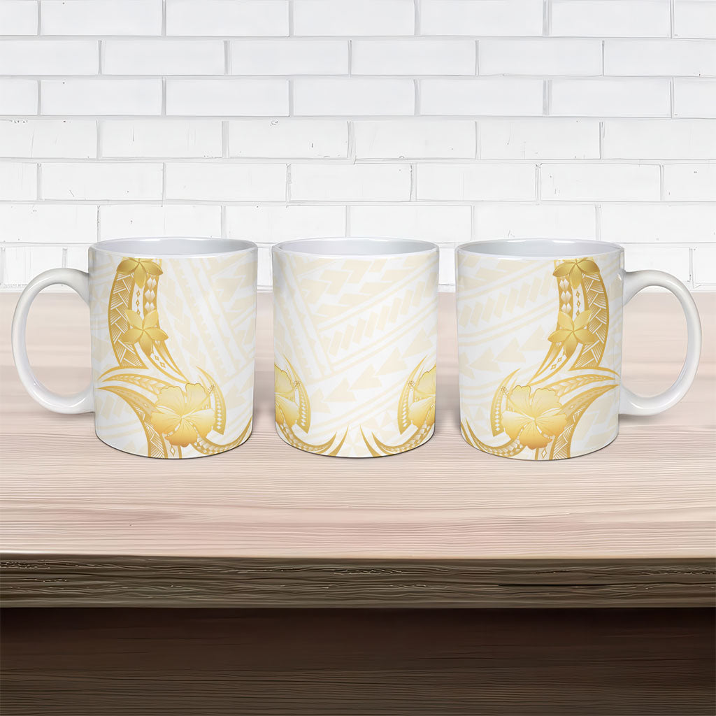 Polynesia White Sunday Ceramic Mug Polynesian Tattoo Plumeria Hibiscus Gold LT14 - Polynesian Pride